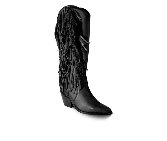 Women's Knee-High Black Premium Leather Boots With Side Fringe, Ely By Bala Di Gala