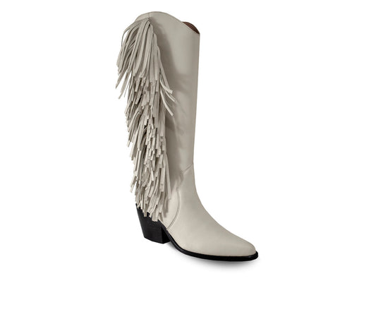 Women's Knee-High White Premium Leather Boots With Side Fringe, Ely By Bala Di Gala