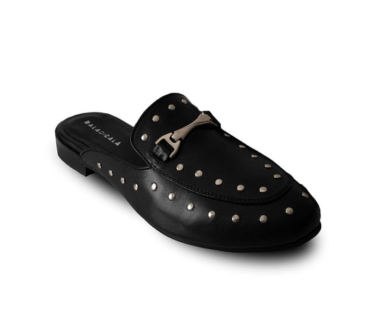 Women's Black Premium Leather Mules With Silver Studs Romee By Bala Di Gala