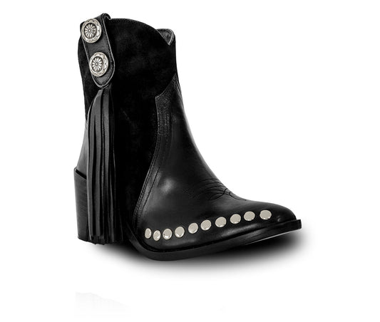 Women's Black Premium Leather And Suede Ankle Boots With Lateral Fringe And Silver Studs Tyro By Bala Di Gala