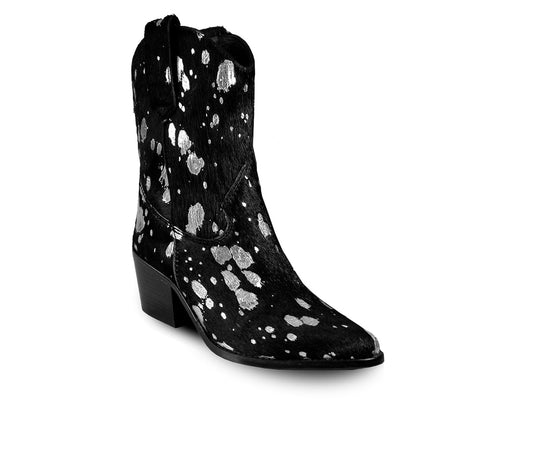 Women's Black Leather Western Women's Boots With Silver Splashes, Calf By Bala Di Gala