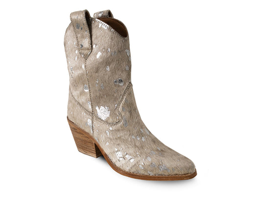 Women's Beige Leather Western Boots With Silver Splashes, Calf By Bala Di Gala
