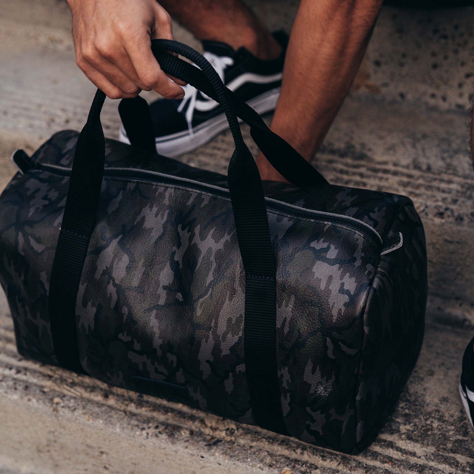leather small duffle bag camo