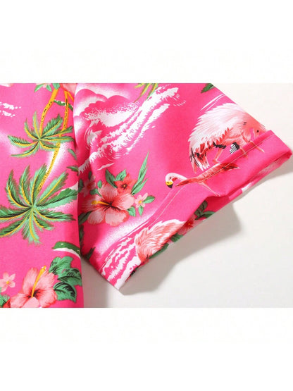 Mens Hawaiian Shirt Short Sleeve Flamingo Shirt Casual Button Down Shirts Summer Beach Shirt 314