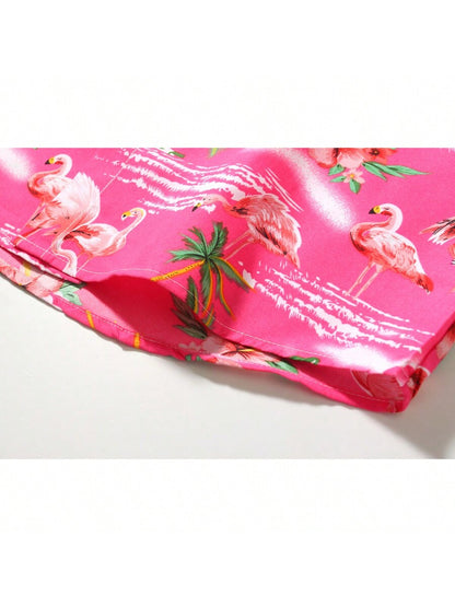 Mens Hawaiian Shirt Short Sleeve Flamingo Shirt Casual Button Down Shirts Summer Beach Shirt 314