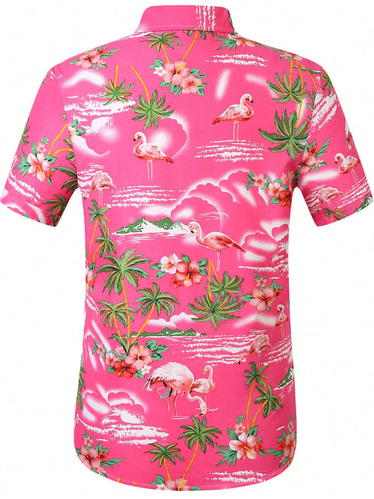 Mens Hawaiian Shirt Short Sleeve Flamingo Shirt Casual Button Down Shirts Summer Beach Shirt 314