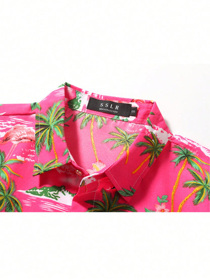 Mens Hawaiian Shirt Short Sleeve Flamingo Shirt Casual Button Down Shirts Summer Beach Shirt 314