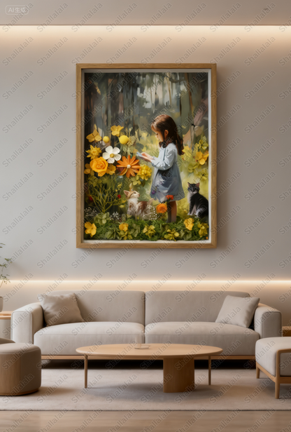 Girl and her Cat - Preserved Flowers Wall Art