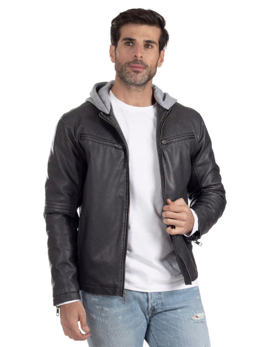 Men's black faux fur jacket with grey hood - Lee Brand LECO2142