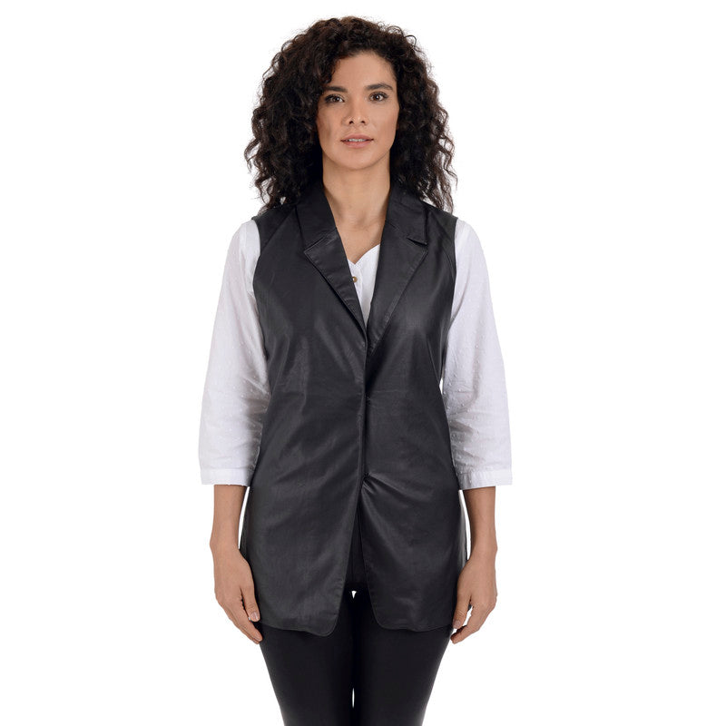 WOMEN FAUX LEATHER SLEEVELESS BLAZER NWDP2113