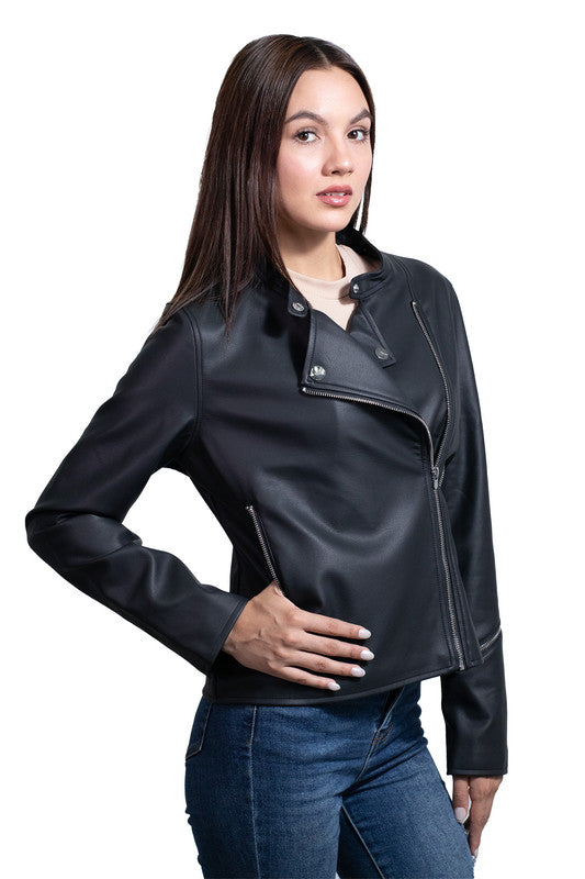 Nine West Women's Synthetic Leather Biker Jacket, Elegant and Modern Style WEDP211U