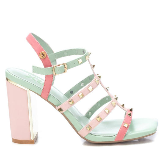 Women's Heeled Sandals With Gold Studs By XTI, 14142804 Pink With Aqua Accent